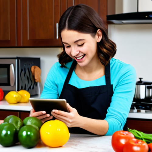 A young adult woman, fully clothed in modest and appropriate attire, is enthusiastically cooking in a bright, modern kitchen. She is looking at a recipe on a tablet propped on the countertop, surrounded by fresh, colorful ingredients. The scene emphasizes the seamless integration of digital technology into everyday cooking, showcasing a fun and accessible approach to culinary arts. The kitchen is clean and well-organized. safe for work, appropriate content, fully clothed, family-friendly, perfect anatomy, correct proportions, natural pose, well-formed hands, proper finger count, natural body proportions, professional photography, high quality.
