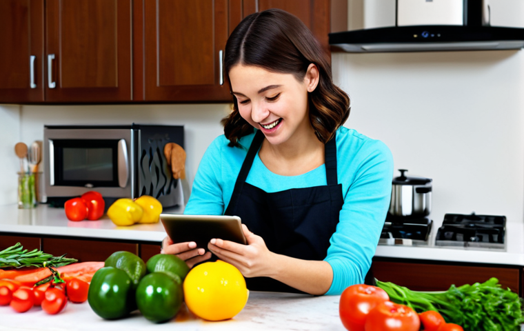 A young adult woman, fully clothed in modest and appropriate attire, is enthusiastically cooking in a bright, modern kitchen. She is looking at a recipe on a tablet propped on the countertop, surrounded by fresh, colorful ingredients. The scene emphasizes the seamless integration of digital technology into everyday cooking, showcasing a fun and accessible approach to culinary arts. The kitchen is clean and well-organized. safe for work, appropriate content, fully clothed, family-friendly, perfect anatomy, correct proportions, natural pose, well-formed hands, proper finger count, natural body proportions, professional photography, high quality.