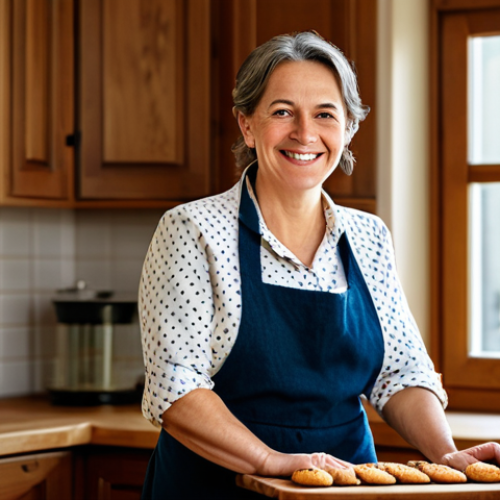 A kind-faced woman, aged 40s, with a gentle smile, dressed in a modest, comfortable apron over a professional yet casual shirt, fully clothed. She stands in a cozy, sunlit home kitchen with a wooden countertop, holding a simple, beautifully presented homemade pastry on a cutting board. She looks directly at the viewer as if sharing a cherished family recipe. An antique cookbook is subtly visible in the background. Professional photography, natural pose, perfect anatomy, correct proportions, well-formed hands, proper finger count, natural body proportions, high detail, warm lighting, soft focus, safe for work, appropriate content, family-friendly, professional dress.