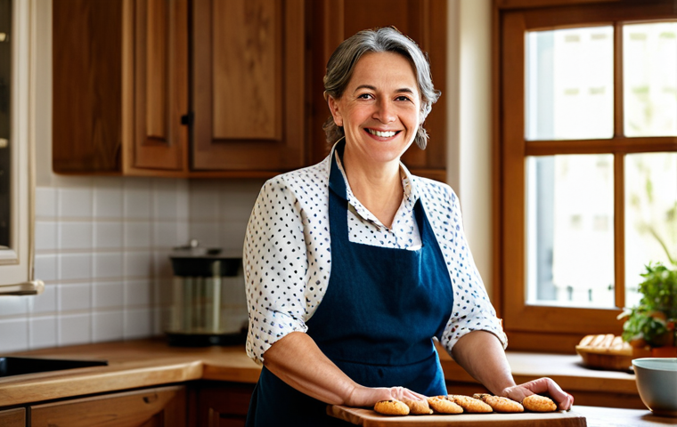 A kind-faced woman, aged 40s, with a gentle smile, dressed in a modest, comfortable apron over a professional yet casual shirt, fully clothed. She stands in a cozy, sunlit home kitchen with a wooden countertop, holding a simple, beautifully presented homemade pastry on a cutting board. She looks directly at the viewer as if sharing a cherished family recipe. An antique cookbook is subtly visible in the background. Professional photography, natural pose, perfect anatomy, correct proportions, well-formed hands, proper finger count, natural body proportions, high detail, warm lighting, soft focus, safe for work, appropriate content, family-friendly, professional dress.