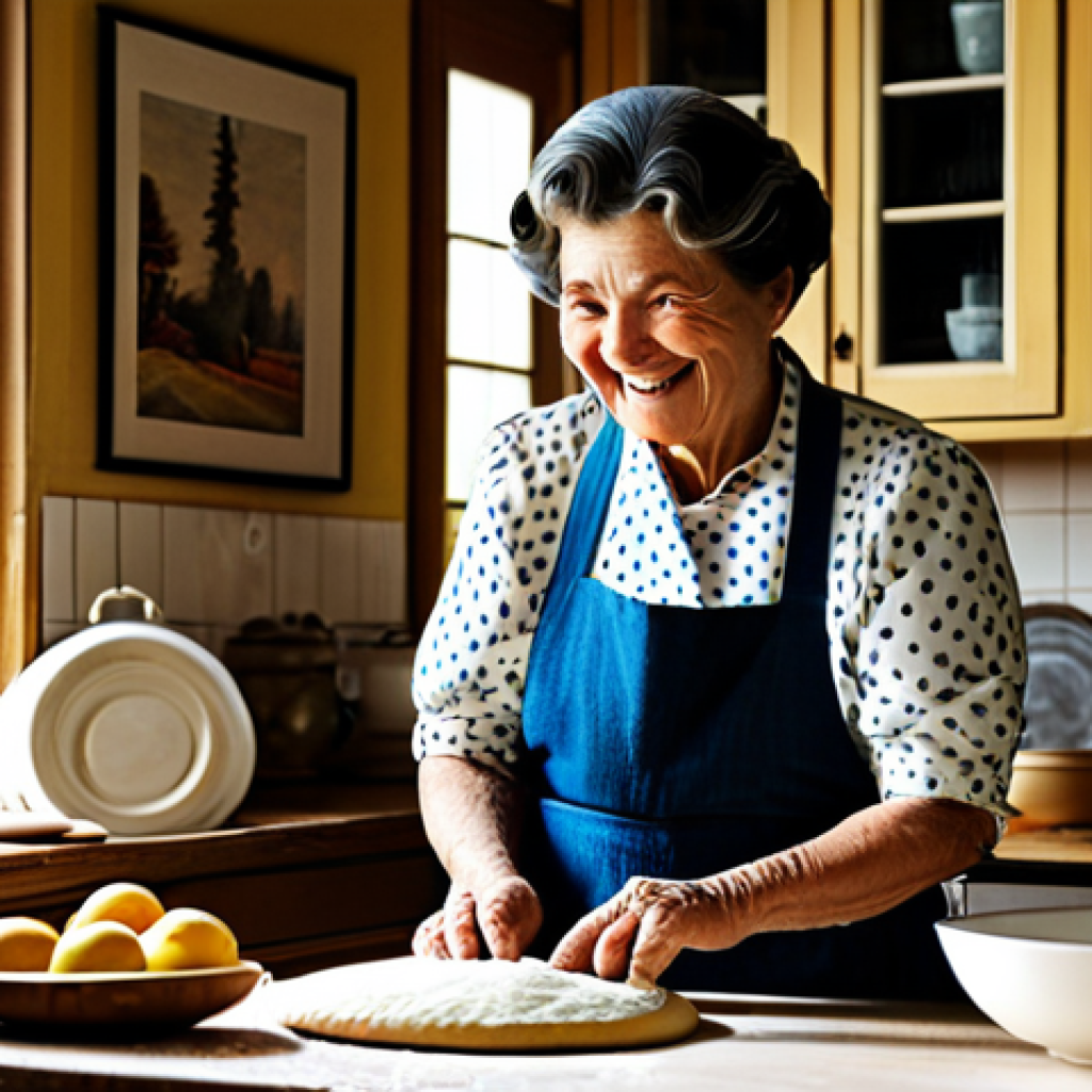 **
"A warm, inviting kitchen scene, reminiscent of a grandmother's cooking space. A fully clothed, smiling woman with kind eyes, perhaps in her 60s, is showing a young child how to roll dough. The kitchen is filled with vintage utensils, ceramic bowls, and fresh fruits and vegetables. Sunlight streams through a window. The image should evoke feelings of warmth, family, and tradition. fully clothed, modest attire, safe for work, appropriate content, family-friendly, perfect anatomy, natural proportions, professional photography, high quality."
**