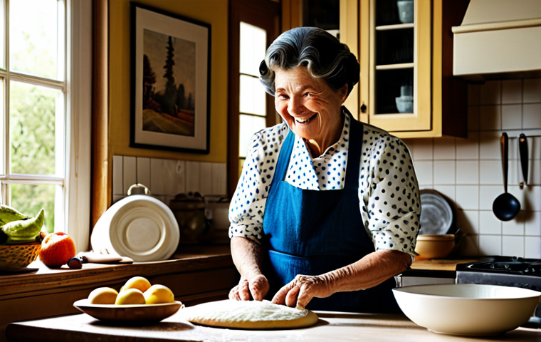 **
"A warm, inviting kitchen scene, reminiscent of a grandmother's cooking space. A fully clothed, smiling woman with kind eyes, perhaps in her 60s, is showing a young child how to roll dough. The kitchen is filled with vintage utensils, ceramic bowls, and fresh fruits and vegetables. Sunlight streams through a window. The image should evoke feelings of warmth, family, and tradition. fully clothed, modest attire, safe for work, appropriate content, family-friendly, perfect anatomy, natural proportions, professional photography, high quality."
**