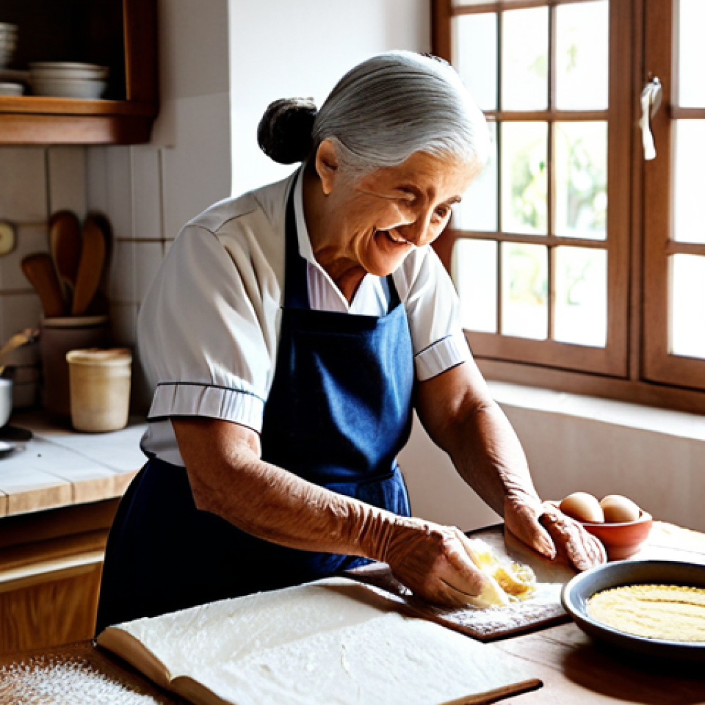 **
"A warm, inviting kitchen scene. An elderly Portuguese grandmother, fully clothed in a traditional apron and dress, smiles as she teaches a young girl (around 10 years old, also fully clothed) how to make *Pastéis de Nata*. A handwritten recipe book, slightly worn, lies open on a wooden table. Natural light streams through the window, illuminating the flour dust in the air. Safe for work, appropriate content, fully clothed, family-friendly, perfect anatomy, correct proportions, natural pose, professional photography, high quality."
**