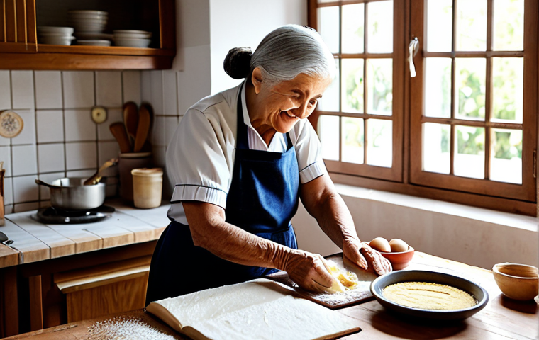 **
"A warm, inviting kitchen scene. An elderly Portuguese grandmother, fully clothed in a traditional apron and dress, smiles as she teaches a young girl (around 10 years old, also fully clothed) how to make *Pastéis de Nata*. A handwritten recipe book, slightly worn, lies open on a wooden table. Natural light streams through the window, illuminating the flour dust in the air. Safe for work, appropriate content, fully clothed, family-friendly, perfect anatomy, correct proportions, natural pose, professional photography, high quality."
**
