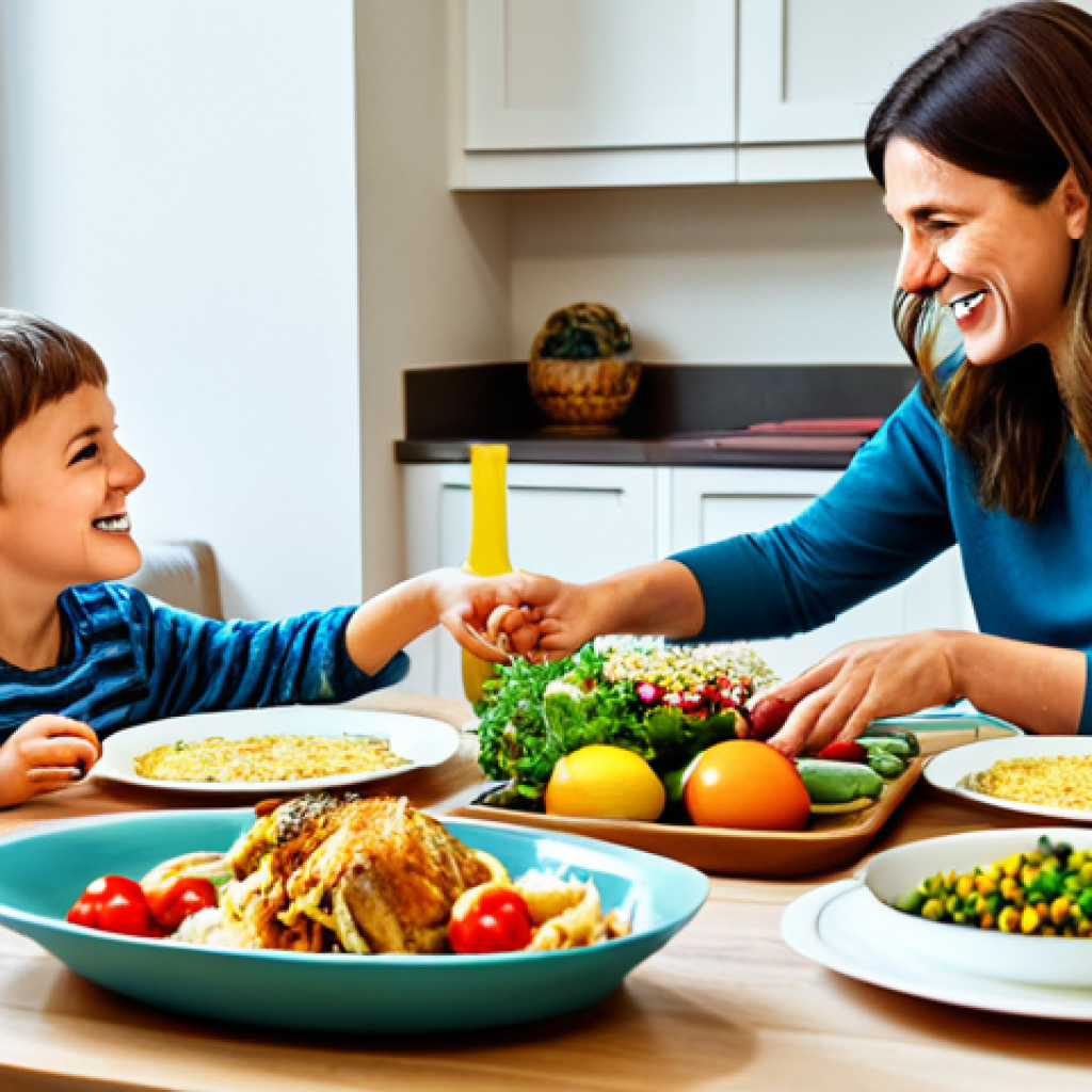 **
"A family gathered around a table, enjoying a home-cooked meal with fresh ingredients. A woman is serving food, while a child reaches for a plate. The table is set with colorful dishes and a vase of flowers. The scene evokes warmth, connection, and the joy of shared moments. fully clothed, modest attire, professional photography, safe for work, family-friendly, appropriate content, perfect anatomy, correct proportions, natural pose, well-formed hands, proper finger count, natural body proportions."
**