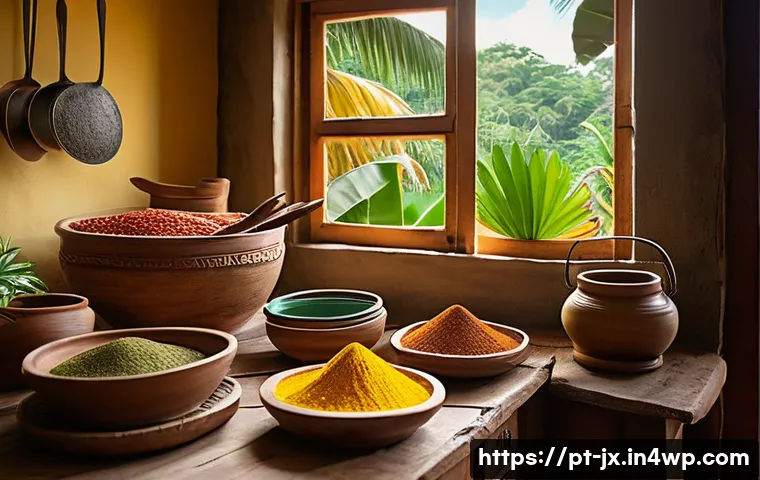 레시피를 통해 배우는 문화적 가치 - A vibrant, detailed scene of a traditional Brazilian Northeast kitchen preparing a regional dish fea...