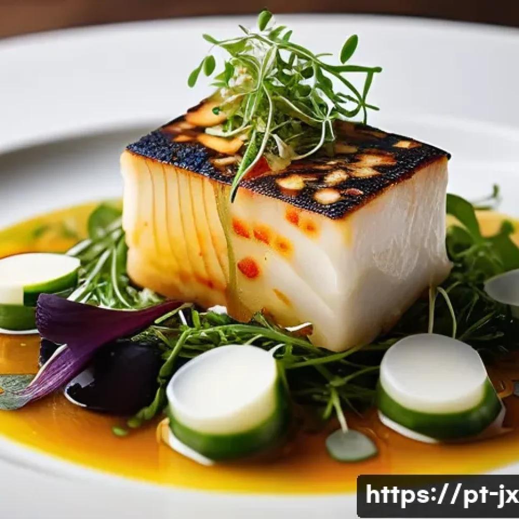 전통 음식과 현대적 접근의 조화 - A sophisticated Mediterranean-inspired dish artfully plated on a minimalist white ceramic plate, fea...