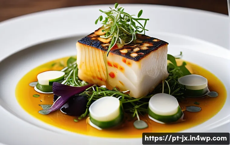 전통 음식과 현대적 접근의 조화 - A sophisticated Mediterranean-inspired dish artfully plated on a minimalist white ceramic plate, fea...