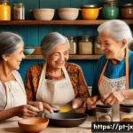 Home 21 세대 간의 맛을 잇는 레시피 공유 플랫폼 - A warm, cozy kitchen scene featuring three generations of a Brazilian family cooking together: an el...