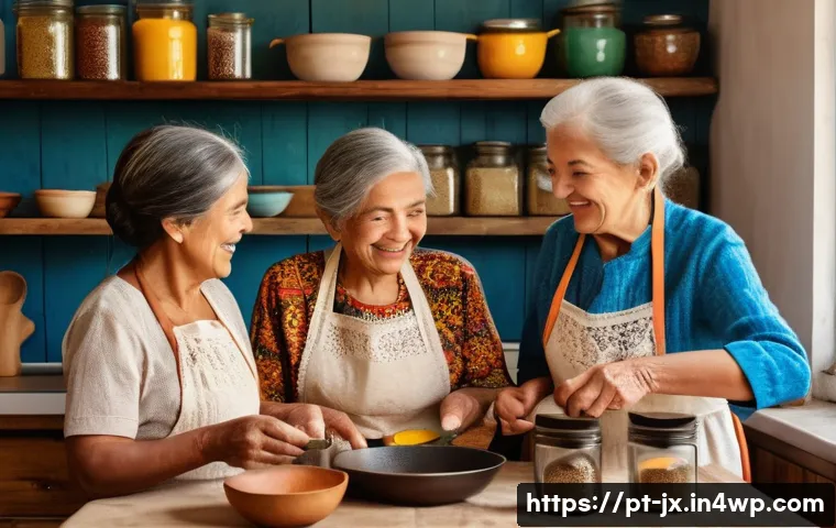 세대 간의 맛을 잇는 레시피 공유 플랫폼 - A warm, cozy kitchen scene featuring three generations of a Brazilian family cooking together: an el...