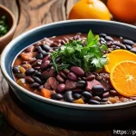 Home 20 전통 레시피의 현대화 과정 - A sophisticated modern Portuguese feijoada served on a rustic wooden table, featuring tender meats c...