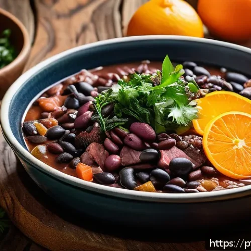 Home 32 전통 레시피의 현대화 과정 - A sophisticated modern Portuguese feijoada served on a rustic wooden table, featuring tender meats c...