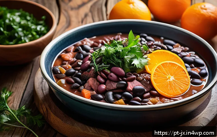 전통 레시피의 현대화 과정 - A sophisticated modern Portuguese feijoada served on a rustic wooden table, featuring tender meats c...