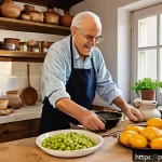 Home 19 세대 간의 요리 경험 나누기 - A warm, cozy kitchen scene featuring a grandfather and his young grandson cooking together. The gran...