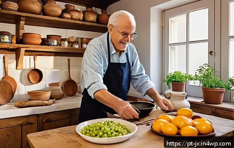 세대 간의 요리 경험 나누기 - A warm, cozy kitchen scene featuring a grandfather and his young grandson cooking together. The gran...