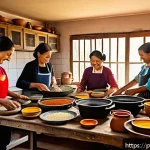 Home 18 유명한 가족 레시피의 역사와 추적 - A warm and cozy family kitchen scene in a traditional Brazilian home, featuring multiple generations...