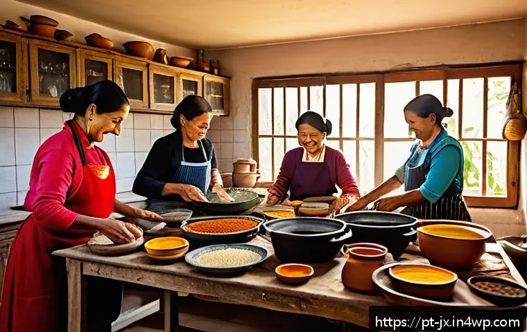 유명한 가족 레시피의 역사와 추적 - A warm and cozy family kitchen scene in a traditional Brazilian home, featuring multiple generations...
