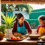 Home 23 전통 요리 레시피 세대 간 전수 방법 - A warm, inviting kitchen scene in a cozy Brazilian home where multiple generations—children, teenage...