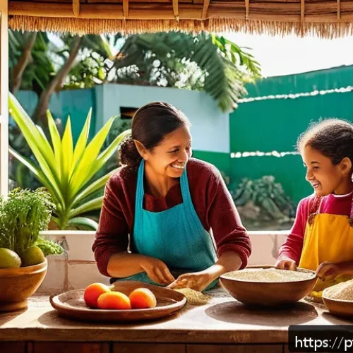 Home 17 전통 요리 레시피 세대 간 전수 방법 - A warm, inviting kitchen scene in a cozy Brazilian home where multiple generations—children, teenage...