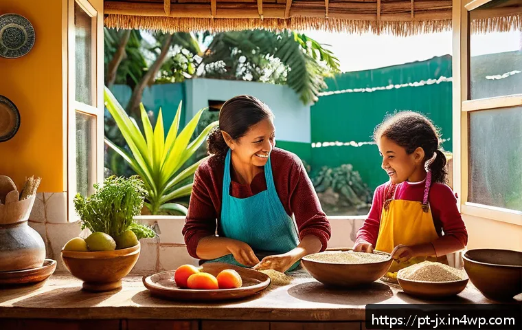 전통 요리 레시피 세대 간 전수 방법 - A warm, inviting kitchen scene in a cozy Brazilian home where multiple generations—children, teenage...