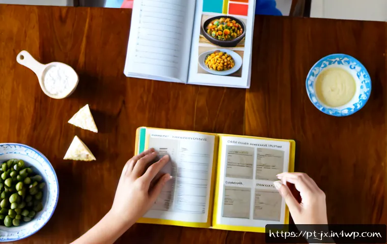 Home 15 가족 레시피 북의 콘텐츠 구성하기 - Photorealistic overhead view of a Brazilian family organizing a handmade recipe book on a warm woode...