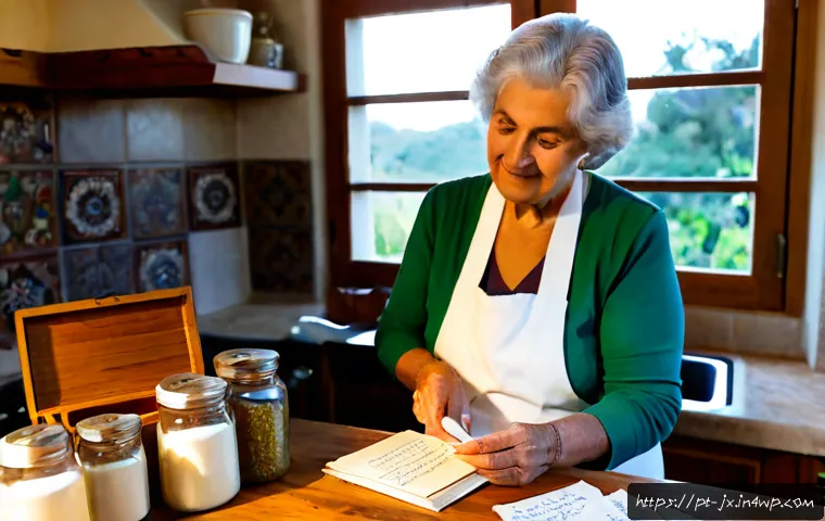 Home 15 집안의 레시피 유산 관리하기 - Photorealistic warm Portuguese family kitchen, an elderly grandmother and adult granddaughter carefu...